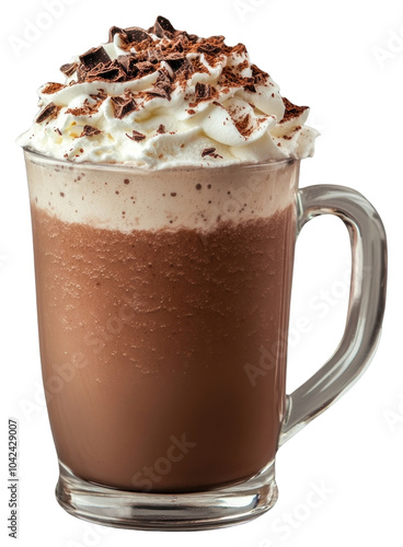 PNG A transparent glass mug of chocolate smoothie with whipping cream on top and cocoa power on top of the whipping cream drink beverage dessert.