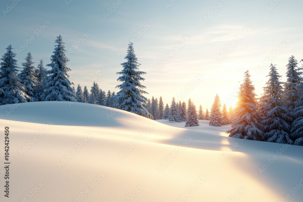 A snowy hillside with trees and a sun setting in the background A snowy hillside with trees and a sun setting in the background