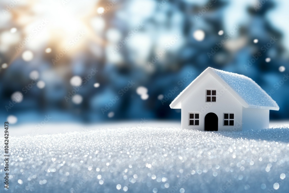 A small white house is sitting on a snowy hill A small white house is sitting on a snowy hill