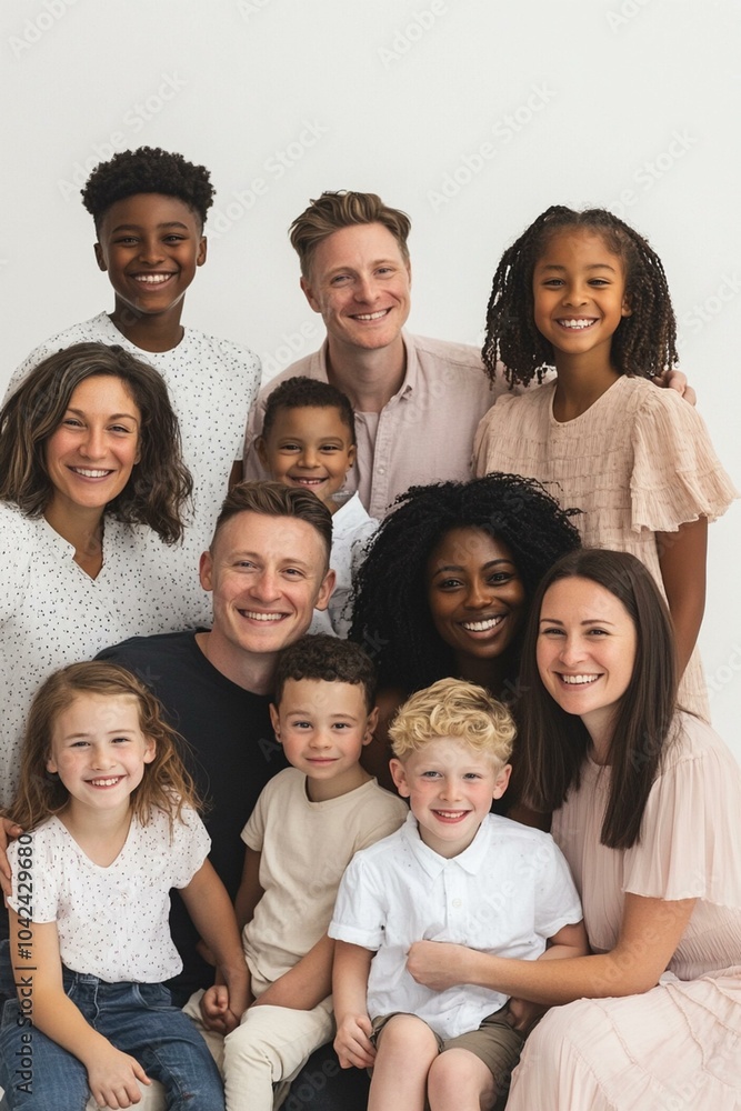 Obraz premium Group portrait of several diverse families with kids and couples, all smiling and happy, against a clean white background.