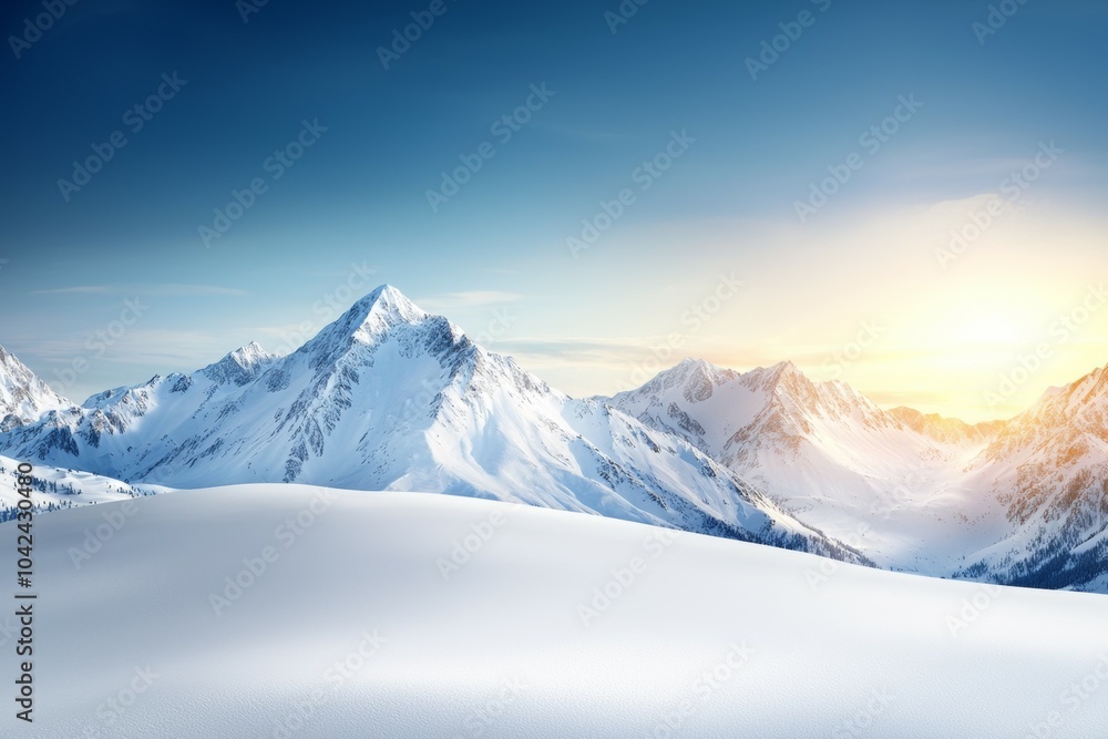 A mountain range with snow on the peaks and a clear blue sky A mountain range with snow on the peaks and a clear blue sky