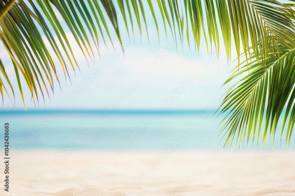 Fototapeta premium Tropical beach scene with palm leaves, sandy shore, and blurred ocean in the background.