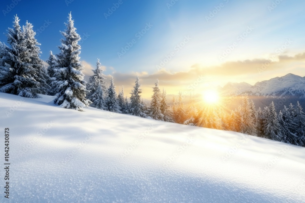 A snowy hillside with a beautiful sunrise in the background A snowy hillside with a beautiful sunrise in the background