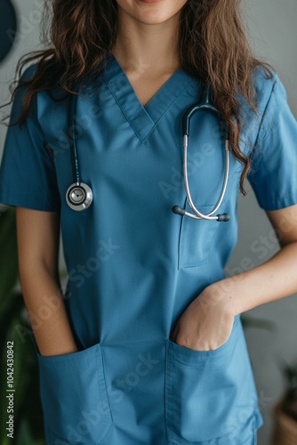 A woman wearing a blue scrub suit and stethoscope, suitable for medical concepts