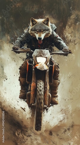 a wolf recklessly driving a dirt bike photo