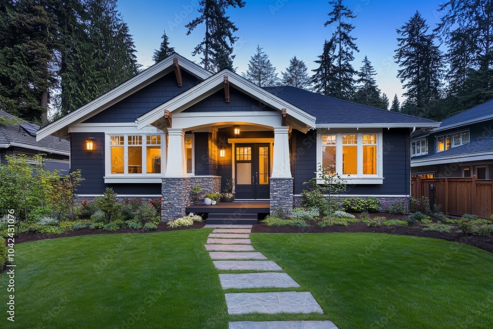 New Craftsman-style home with dark gray exterior, white trim, and beautiful landscaping, featuring a stone path, warm lighting, and a clear dusk sky. New Craftsman-style home with dark gray exterior, white trim, and beautiful landscaping, featuring a stone path, warm lighting, and a clear dusk sky.