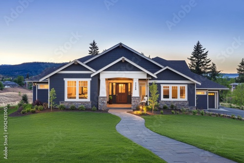 New Craftsman-style home with dark gray exterior, white trim, and beautiful landscaping, featuring a stone path, warm lighting, and a clear dusk sky.