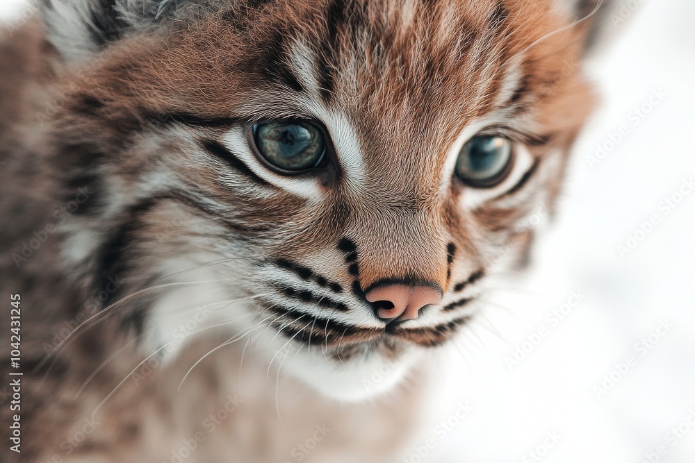 Obraz premium Mystic portrait of baby Lynx canadensis in studio, copy space on right side, Headshot, Close-up View, isolated on white background