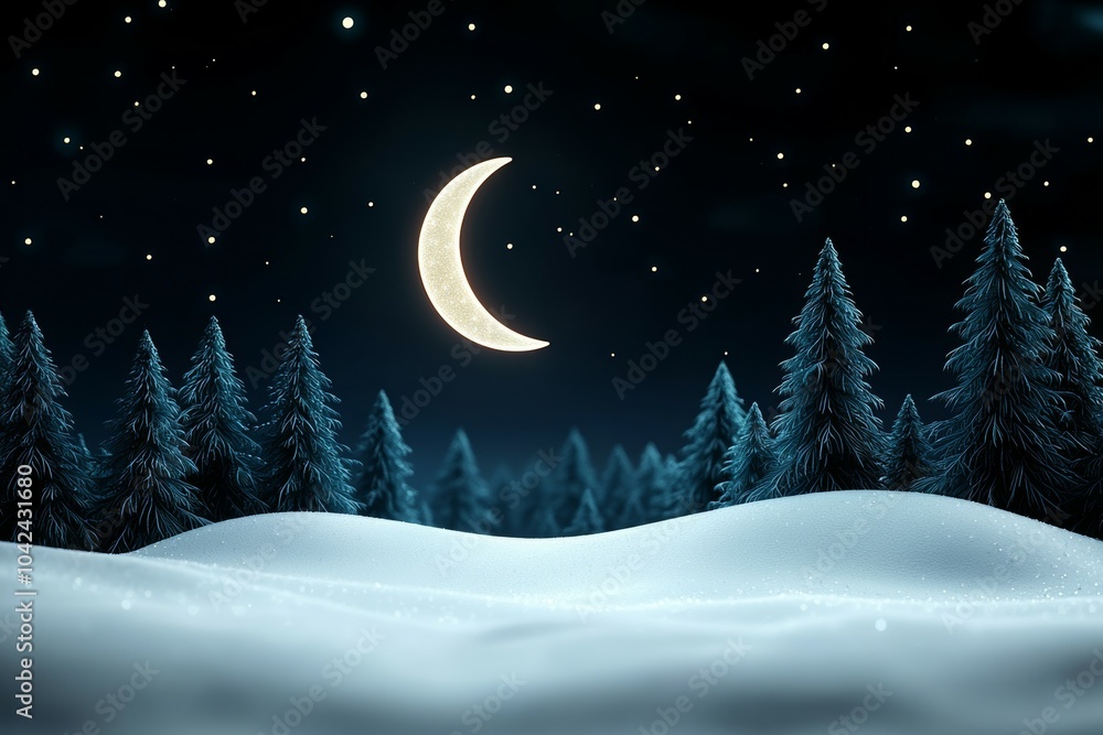 A moon is shining on a snowy hillside with trees in the background A moon is shining on a snowy hillside with trees in the background