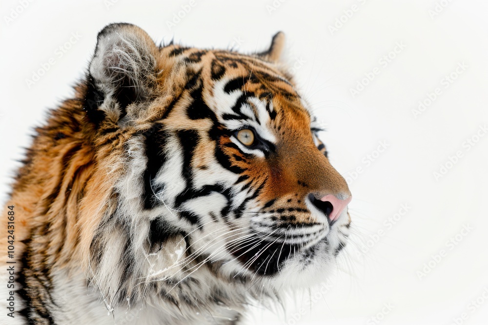 Fototapeta premium Mystic portrait of baby Siberian Tiger in studio, copy space on right side, Headshot, Close-up View, isolated on white background