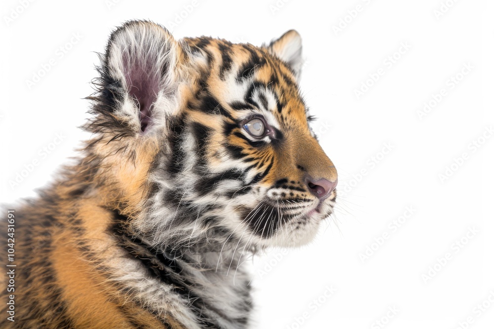 Obraz premium Mystic portrait of baby Siberian Tiger in studio, copy space on right side, Headshot, Close-up View, isolated on white background