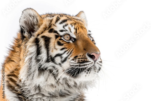 Mystic portrait of baby Siberian Tiger in studio, copy space on right side, Headshot, Close-up View, isolated on white background