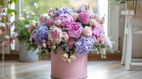 A pink hatbox overflowing with pink peonies, hydrangeas, and roses. photo