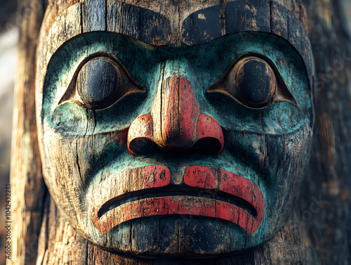 Indigenous Wooden Totem Mask Sculpture in Red and Blue Artistic Expression of Pacific Northwest Tribal Heritage photo