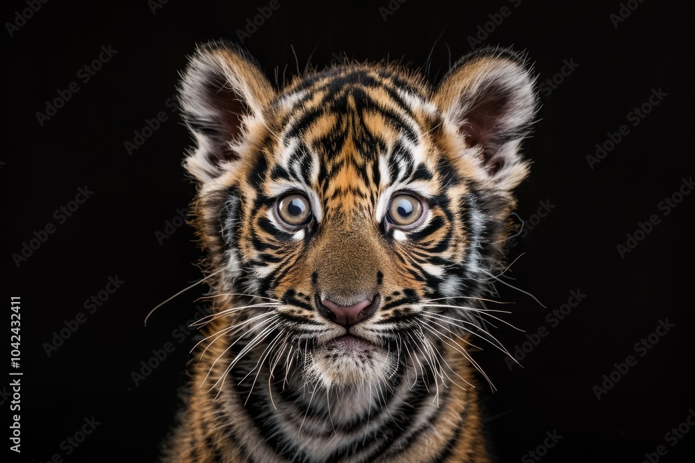 Fototapeta premium Mystic portrait of baby Sumatran Tiger in studio, copy space on right side, Headshot, Close-up View, isolated on black background