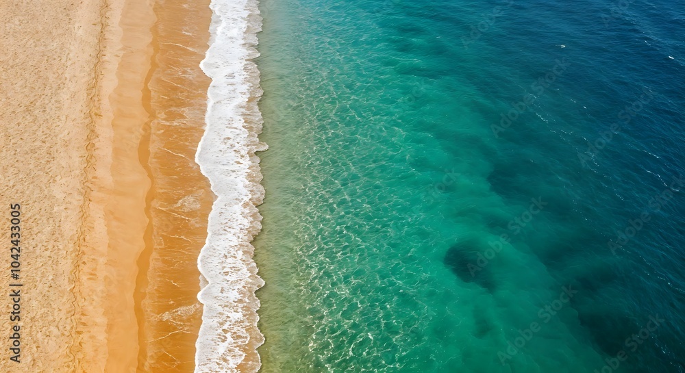 top-down view The waves break gently on the crystal sandy beach top-down view The waves break gently on the crystal sandy beach