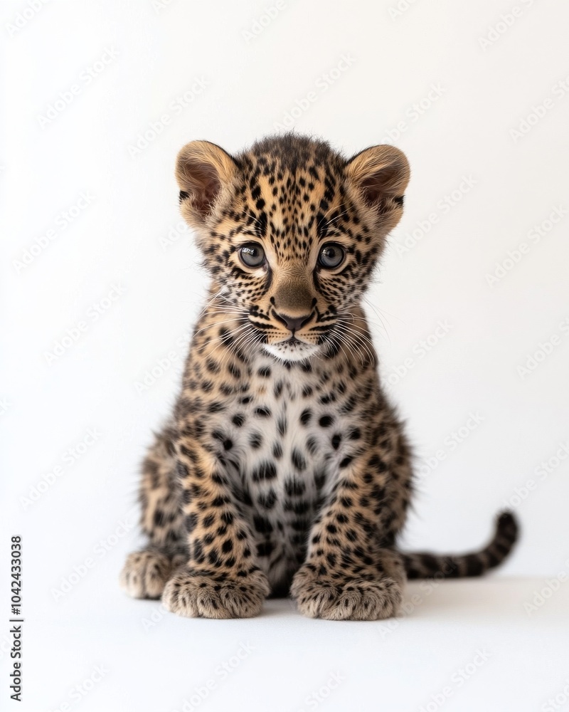 the baby Arabian Leopard, portrait view, white copy space on right, Isolated on white Background the baby Arabian Leopard, portrait view, white copy space on right, Isolated on white Background