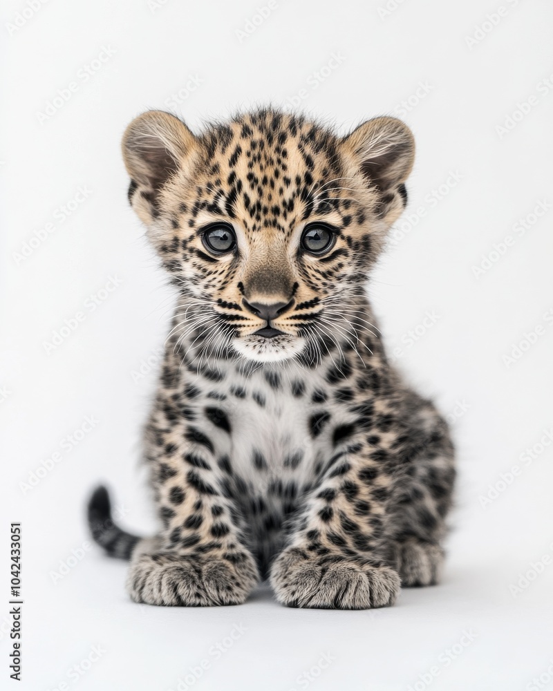 the baby Arabian Leopard, portrait view, white copy space on right, Isolated on white Background the baby Arabian Leopard, portrait view, white copy space on right, Isolated on white Background