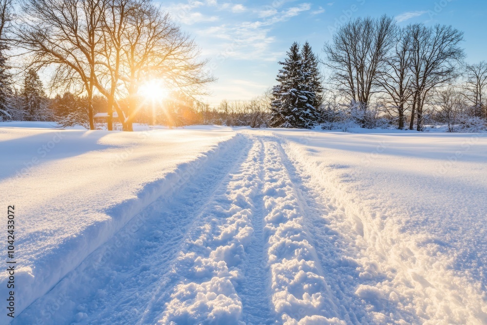 A snow covered road with a sun shining on it A snow covered road with a sun shining on it