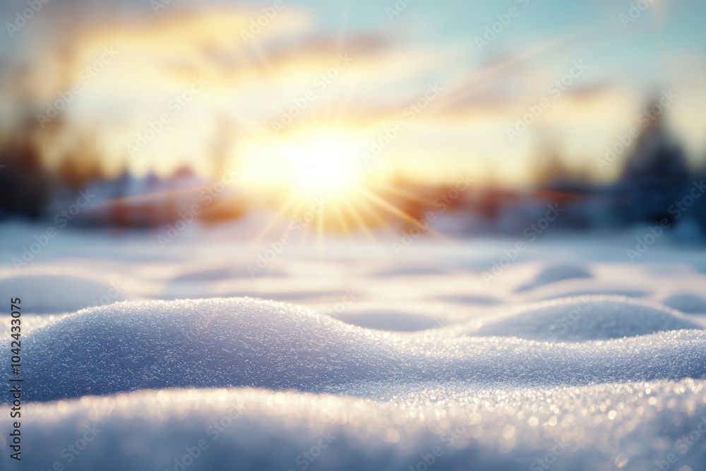 A snow covered field with a bright sun shining on it A snow covered field with a bright sun shining on it