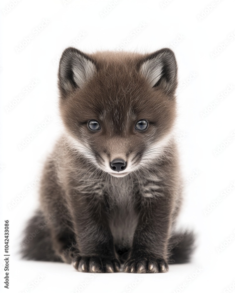 Obraz premium the baby Arctic Fox , portrait view, white copy space on right, Isolated on white Background