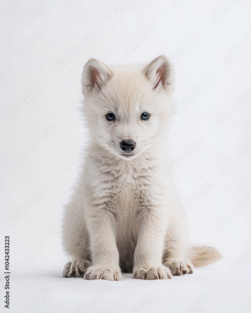 the baby Arctic Wolf, portrait view, white copy space on right, Isolated on white Background the baby Arctic Wolf, portrait view, white copy space on right, Isolated on white Background