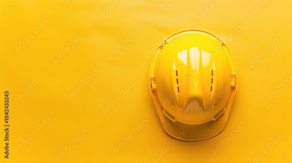 Safety construction helmet on yellow background - a symbol of protection and caution. This image features a safety construction helmet placed on a bright yellow background Safety construction helmet on yellow background - a symbol of protection and caution. This image features a safety construction helmet placed on a bright yellow background