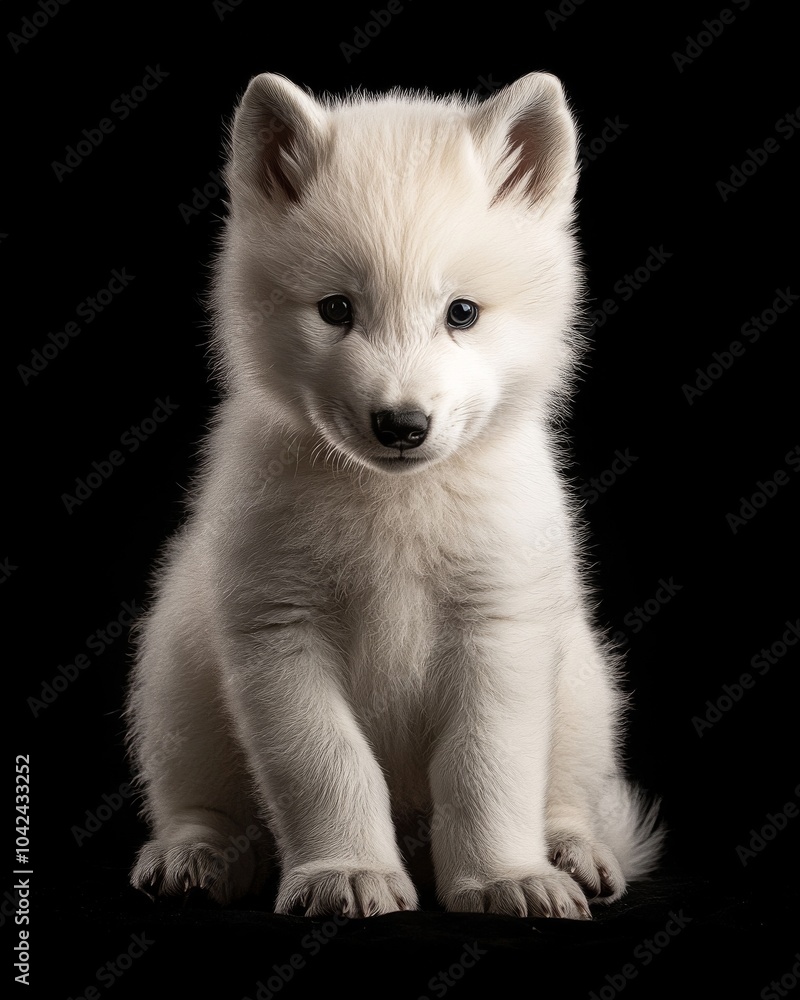 the baby Arctic Wolf, portrait view, white copy space on right, Isolated on black Background the baby Arctic Wolf, portrait view, white copy space on right, Isolated on black Background
