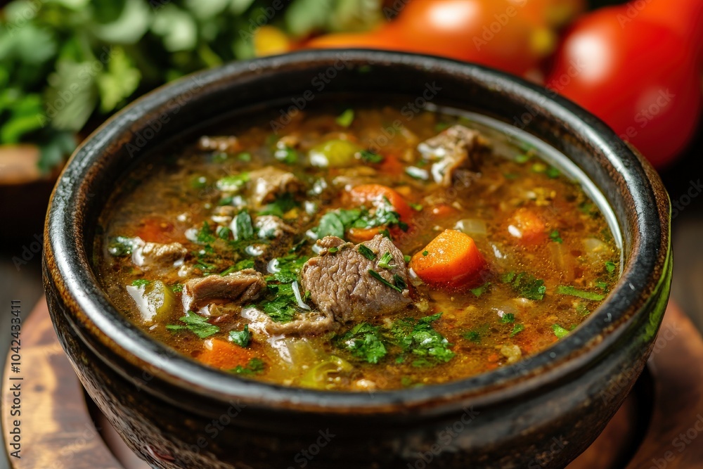 Close-up of Beef Stew in a Rustic Bowl with Herbs Close-up of Beef Stew in a Rustic Bowl with Herbs