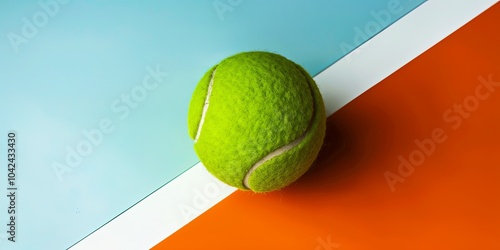 A single tennis ball sits on a bright blue and orange background with a white line separating the colors. photo