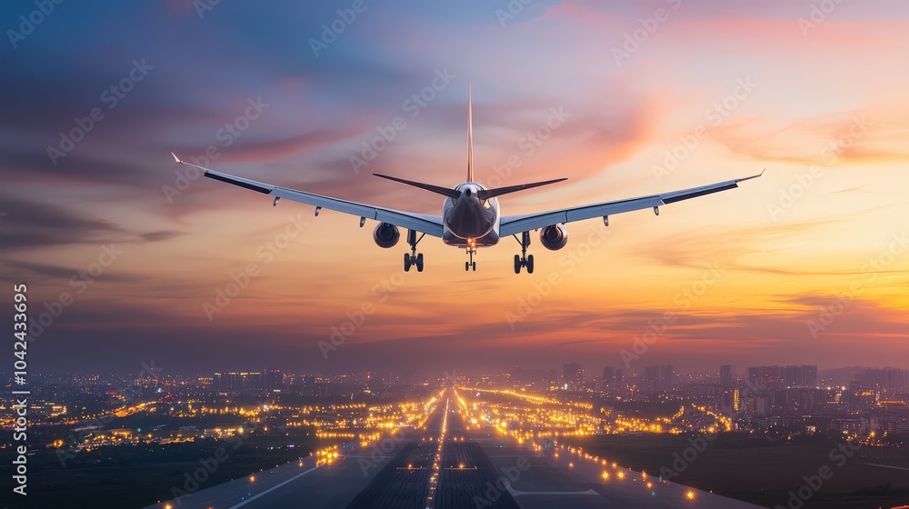 Passenger plane lands at dusk, in the background the lights of the airport can be seen
Passenger plane lands at dusk, in the background the lights of the airport can be seen