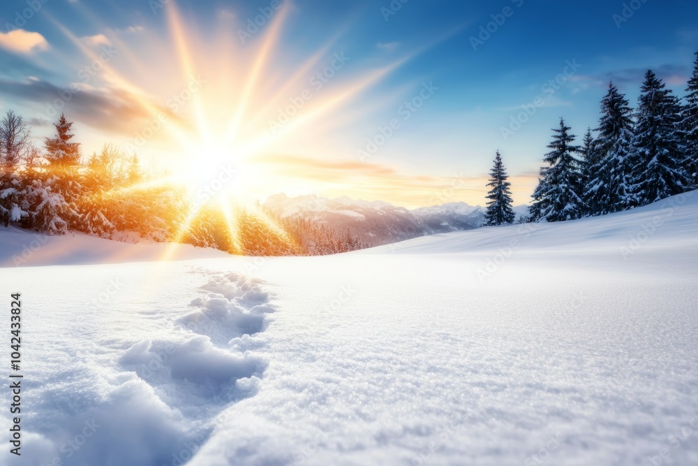 A snow covered field with a sun shining on it A snow covered field with a sun shining on it