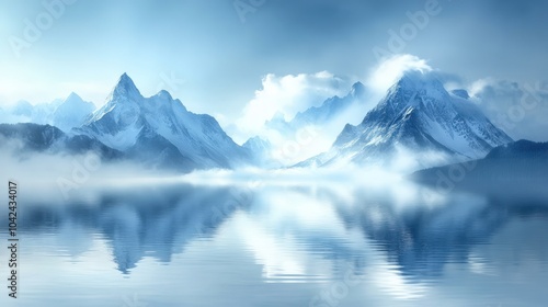 Majestic snow-capped mountains reflected in a serene, misty lake under a clear blue sky.