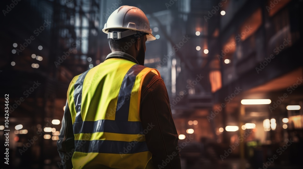 Construction worker in high vis vest and white helmet looking up at building under construction Construction worker in high vis vest and white helmet looking up at building under construction