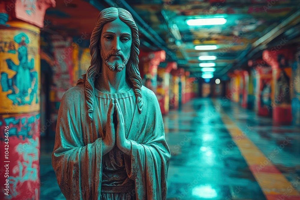 Naklejka premium Stone Statue of Jesus with Praying Hands in a Grafitti-Covered Tunnel