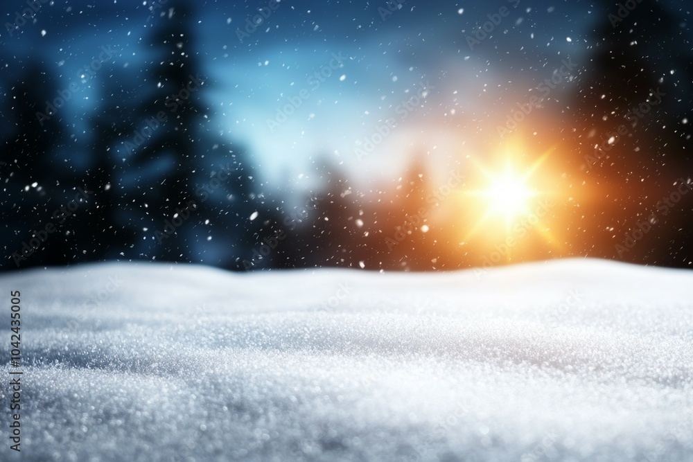 A snowy landscape with a bright sun shining through the trees A snowy landscape with a bright sun shining through the trees