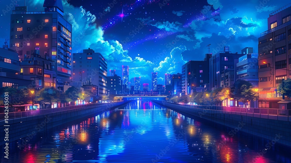 Obraz premium A vibrant, stylized cityscape at night, with a canal running through the center. The buildings are illuminated with warm lights, and the sky is filled with colorful clouds and shooting stars.