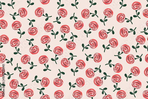 February love rose party Playful Floral Swirl Pattern with Red Blooms on Soft Beige