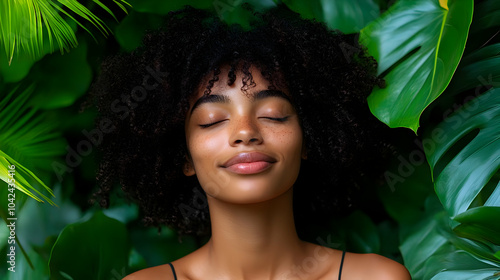 A serene woman with curly h...