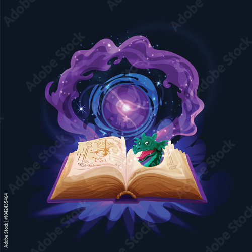 Spell book cast. Magic witchcraft open spell book with torn pages game icon for menu GUI, fantasy colorful grimoire with sparkling magic spell. Vector illustration. Educational mystic literature
