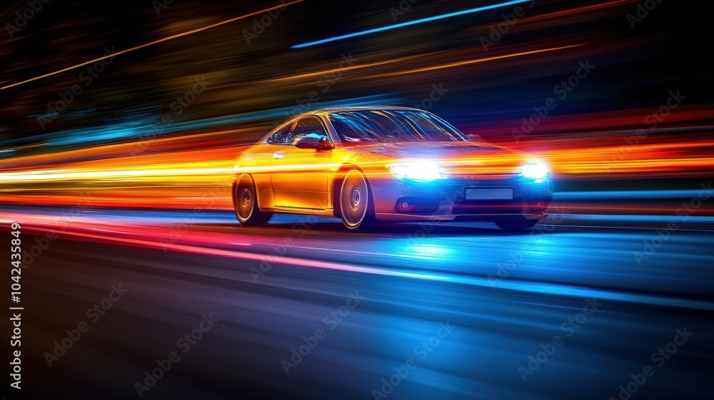 Fototapeta premium A car speeding down a highway at night with blurred lights.