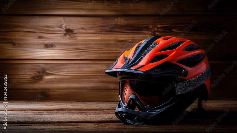 Orange and black bicycle helmet with goggles on a wooden background. Orange and black bicycle helmet with goggles on a wooden background.