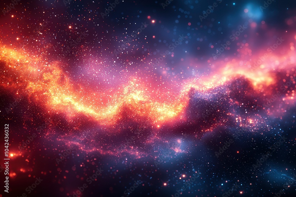 Naklejka premium A Cosmic Nebula With Golden, Red, and Blue Glowing Dust