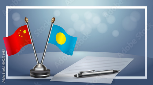 China and Palau Small national flag on bokeh background, cooperative relationship