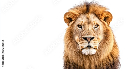 A majestic lion with a thick mane stares intensely at the camera against a white background. photo