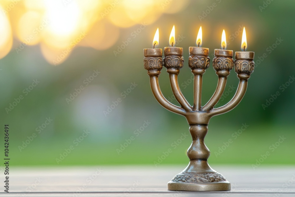 A lit menorah with five candles on it A lit menorah with five candles on it