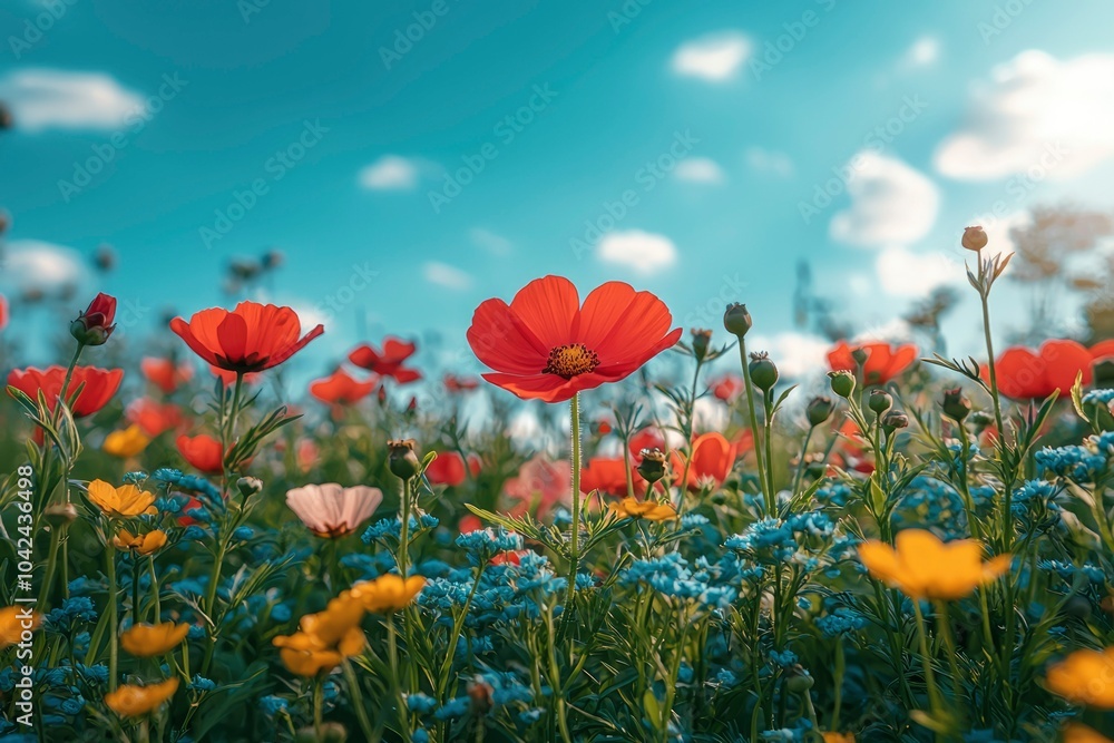 Obraz premium Red and Yellow Wildflowers in a Field Under a Blue Sky