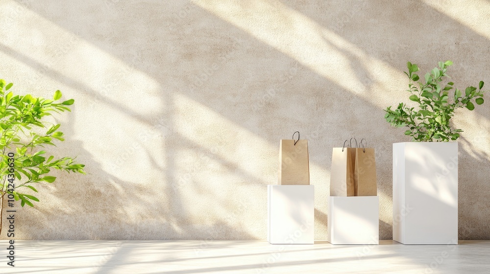 A minimalist interior scene with plants and paper bags on white pedestals against a textured wall. A minimalist interior scene with plants and paper bags on white pedestals against a textured wall.