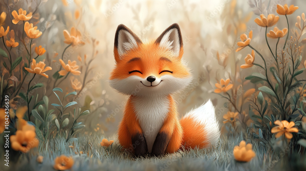 Obraz premium Cute Cartoon Fox in the Forest - Children's Illustration with Vibrant Colors and Playful Design