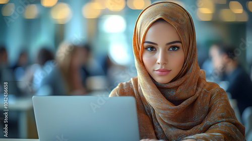 A woman in a hijab working ...
